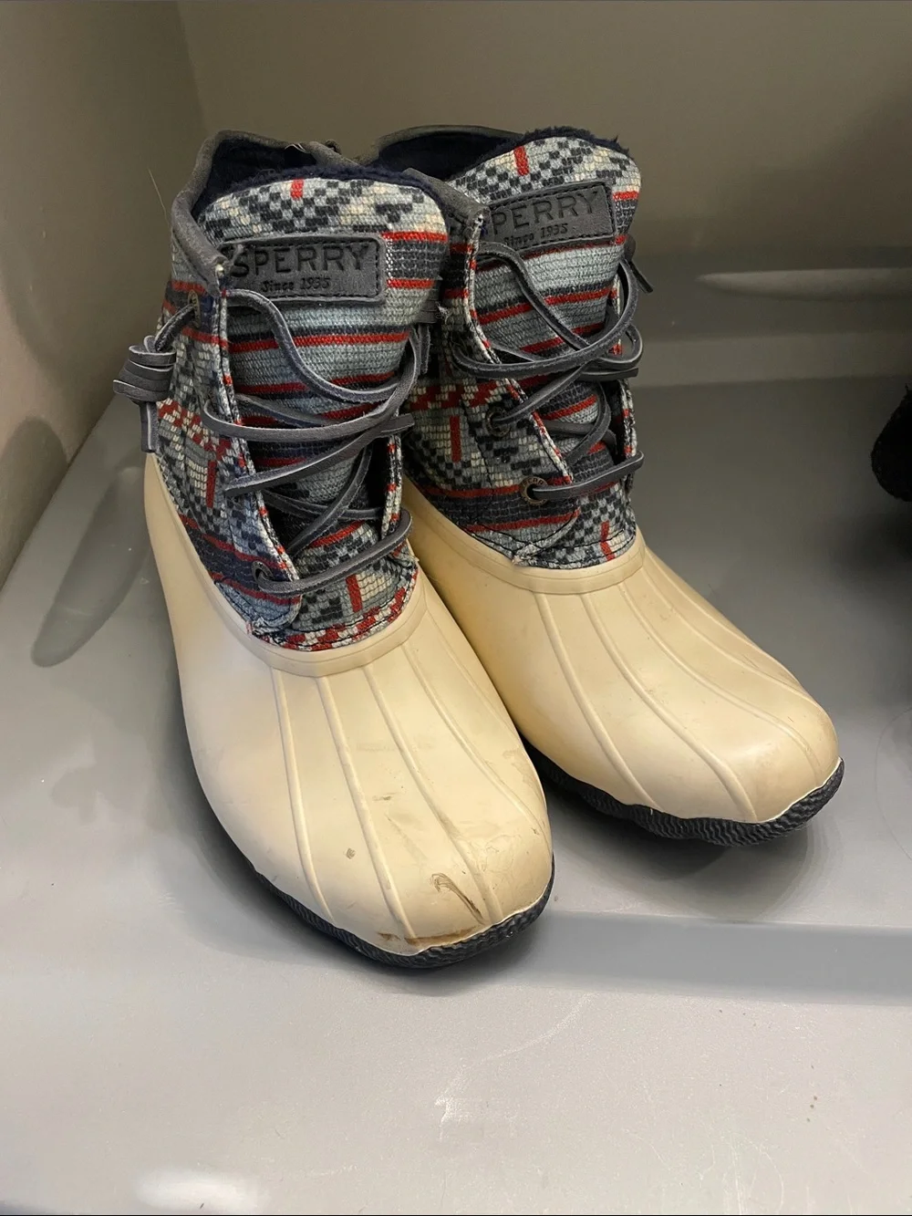 Sperry Cream Duck Boots with Gray and Red Patterned Upper
